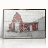 Framed acrylic wall art showcasing a golden barn landscape design, perfect for rustic home decor. This elegant piece adds warmth and charm to any living space.