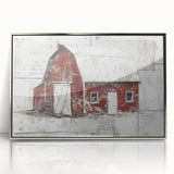 Framed barn landscape wall art with a silver acrylic finish, showcasing vibrant colors and rustic charm, perfect for enhancing home decor and creating a cozy atmosphere.