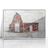Framed acrylic barn landscape wall art in white, showcasing vibrant colors and intricate details, perfect for enhancing rustic home decor in any setting.