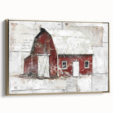 Framed landscape wall art showcasing a serene barn scene with golden accents, perfect for rustic home decor, set against a light background that enhances its warm tones.