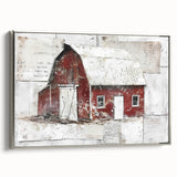 Framed landscape barn wall art featuring a rustic silver frame, showcasing serene farm scenery with vibrant green fields and a blue sky, perfect for home decor.