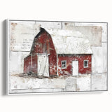 Framed landscape barn wall art in a rustic white frame showcases a serene rural scene with rolling hills and a blue sky, perfect for farmhouse decor.