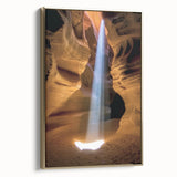 Framed canvas artwork depicting a serene landscape of canyons with golden accents, showcasing intricate details and vibrant colors, ideal for home decor.