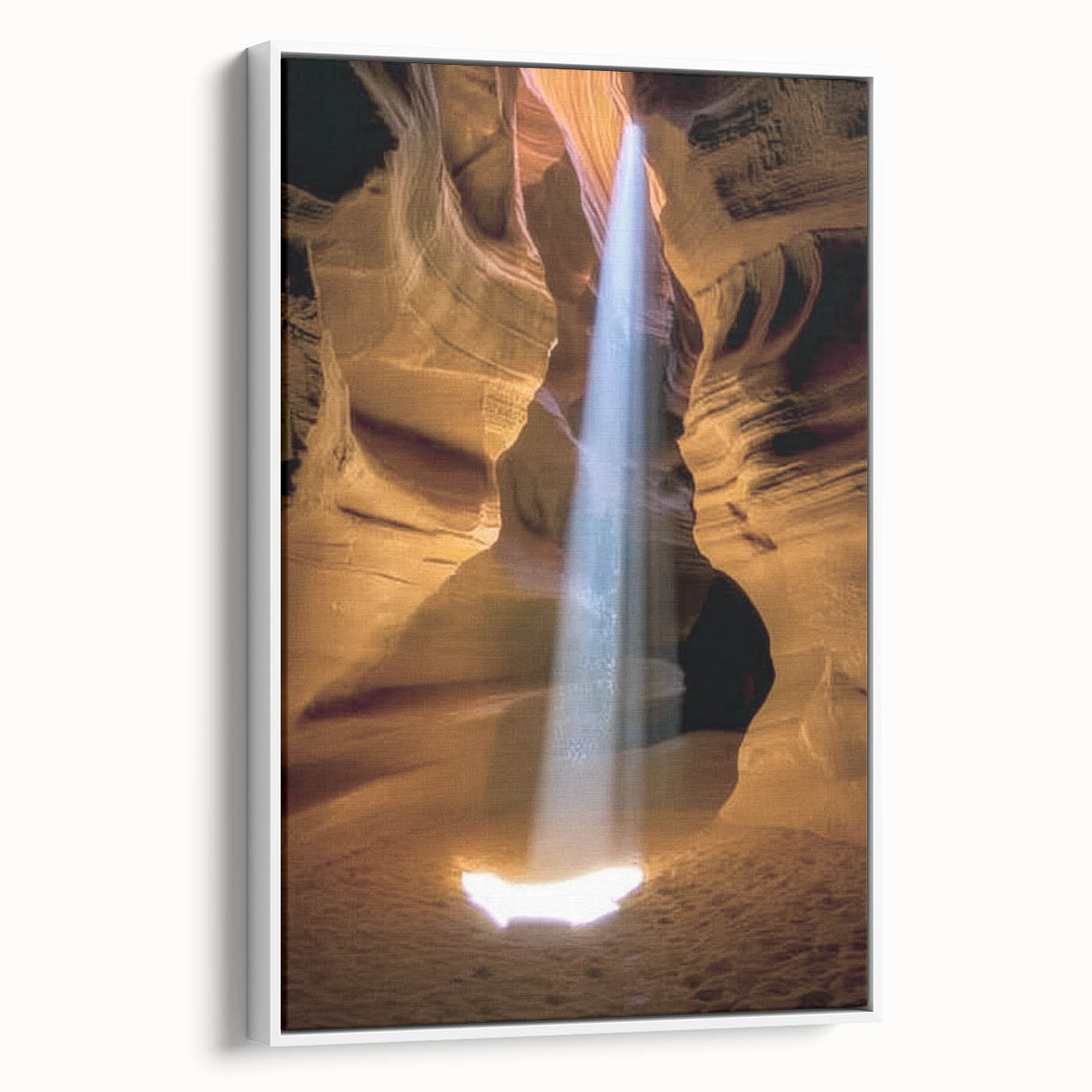 Framed landscape canvas depicting a stunning canyon view with rich earth tones and intricate textures, set against a sleek white frame, perfect for home decor.