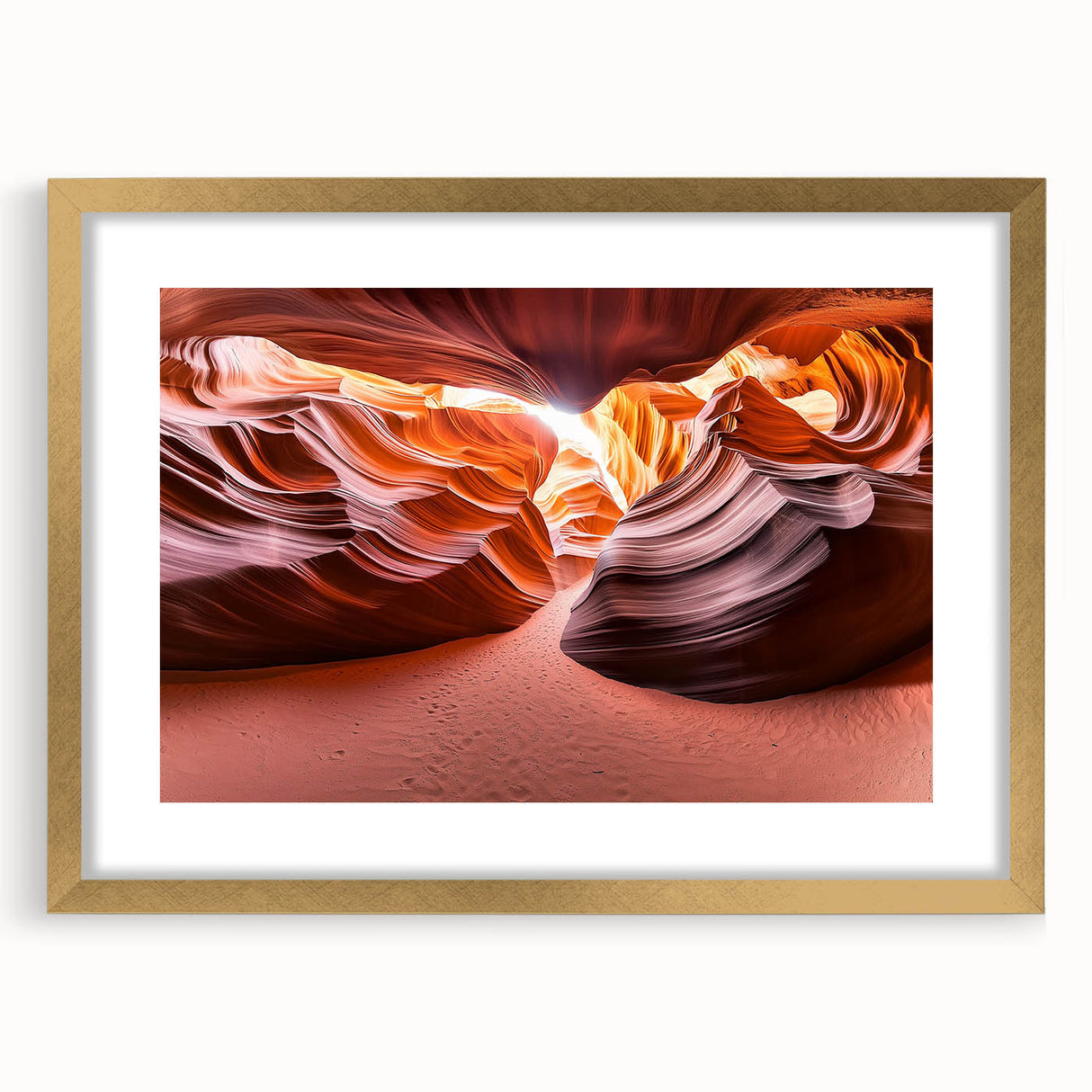 Elegant gold-framed landscape artwork depicting a serene desert scene, showcasing warm earth tones and intricate details, perfect for home decor or office spaces.