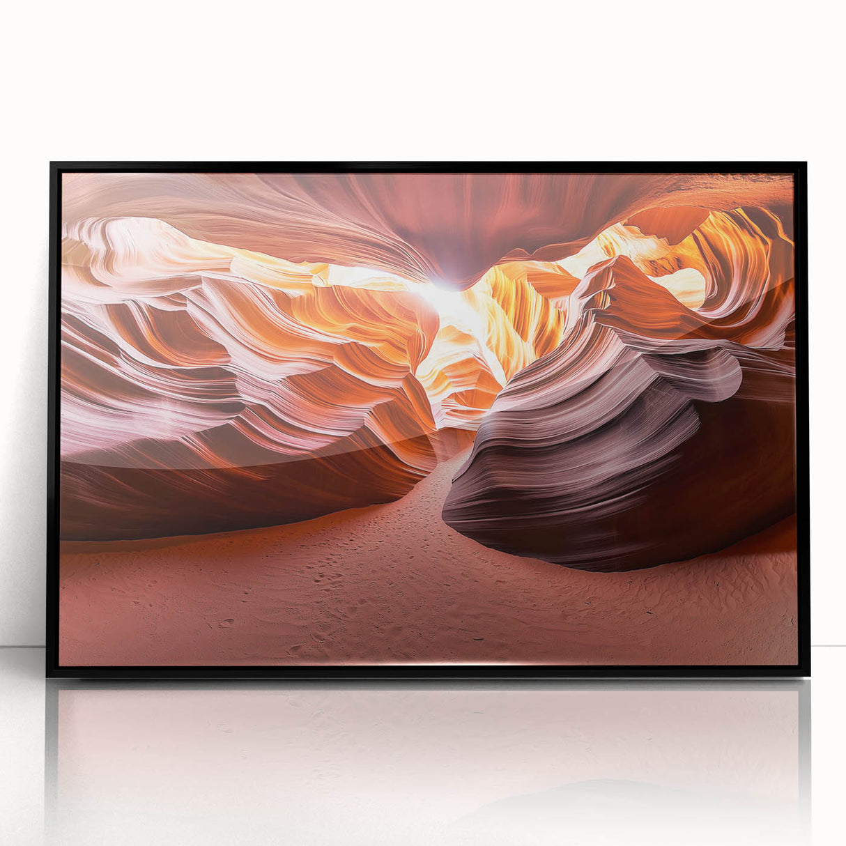 Framed acrylic artwork depicting a vibrant desert landscape, featuring warm hues of orange and yellow with striking black framing, ideal for modern home decor.