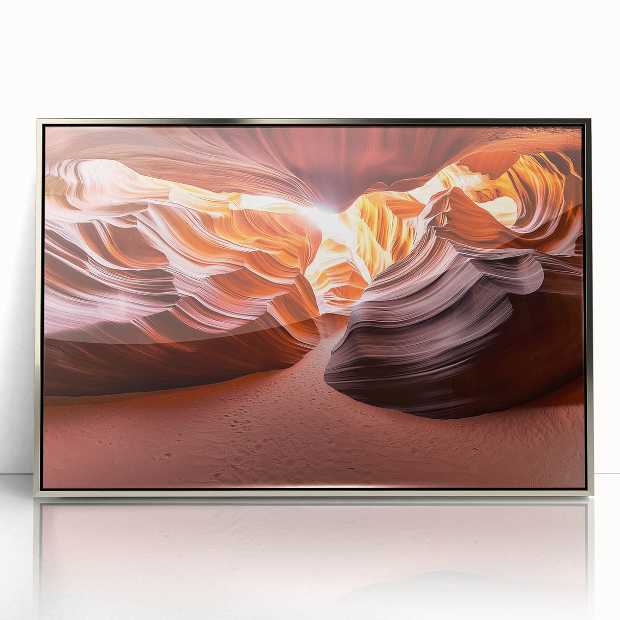 Framed acrylic artwork showcasing a vibrant desert landscape, featuring warm hues of orange and gold, perfect for modern home decor. This piece adds a touch of serene beauty to any room.