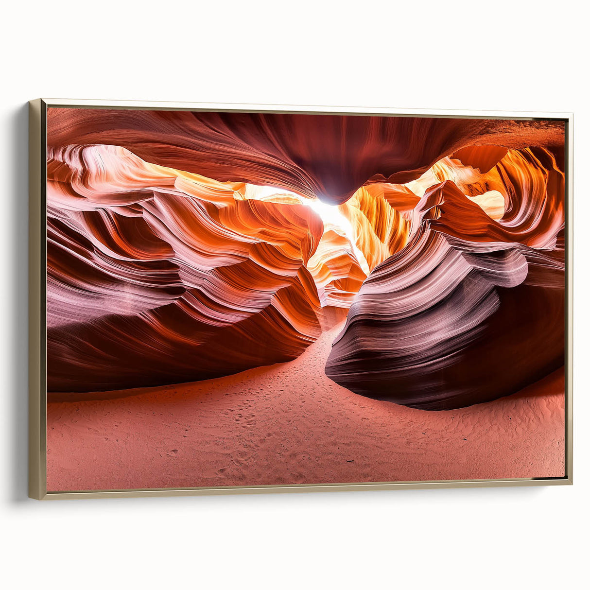 Framed canvas print showcasing a stunning desert landscape design with golden accents, perfect for modern home decor. The artwork adds warmth and elegance to any room.