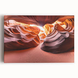 Stretched canvas art depicting a serene desert landscape, showcasing warm hues of orange and gold with a dramatic sunset sky, perfect for modern home decor.