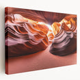 Desert landscape stretched canvas artwork showcasing vibrant orange and yellow hues, featuring a serene sunset over sand dunes, ideal for home decor.