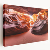 Desert landscape stretched canvas artwork showcasing vibrant orange and yellow hues, featuring a serene sunset over sand dunes, ideal for home decor.