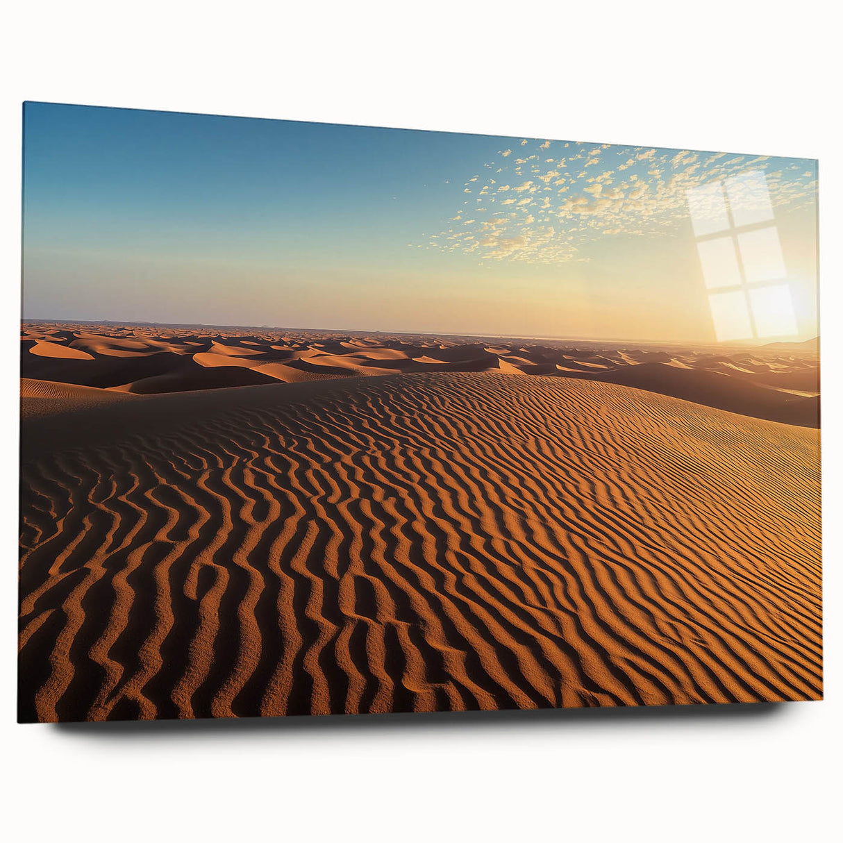 Acrylic glass artwork showcasing a stunning desert dune landscape in soft beige and golden hues, displayed in a modern side view without pins, ideal for contemporary decor.