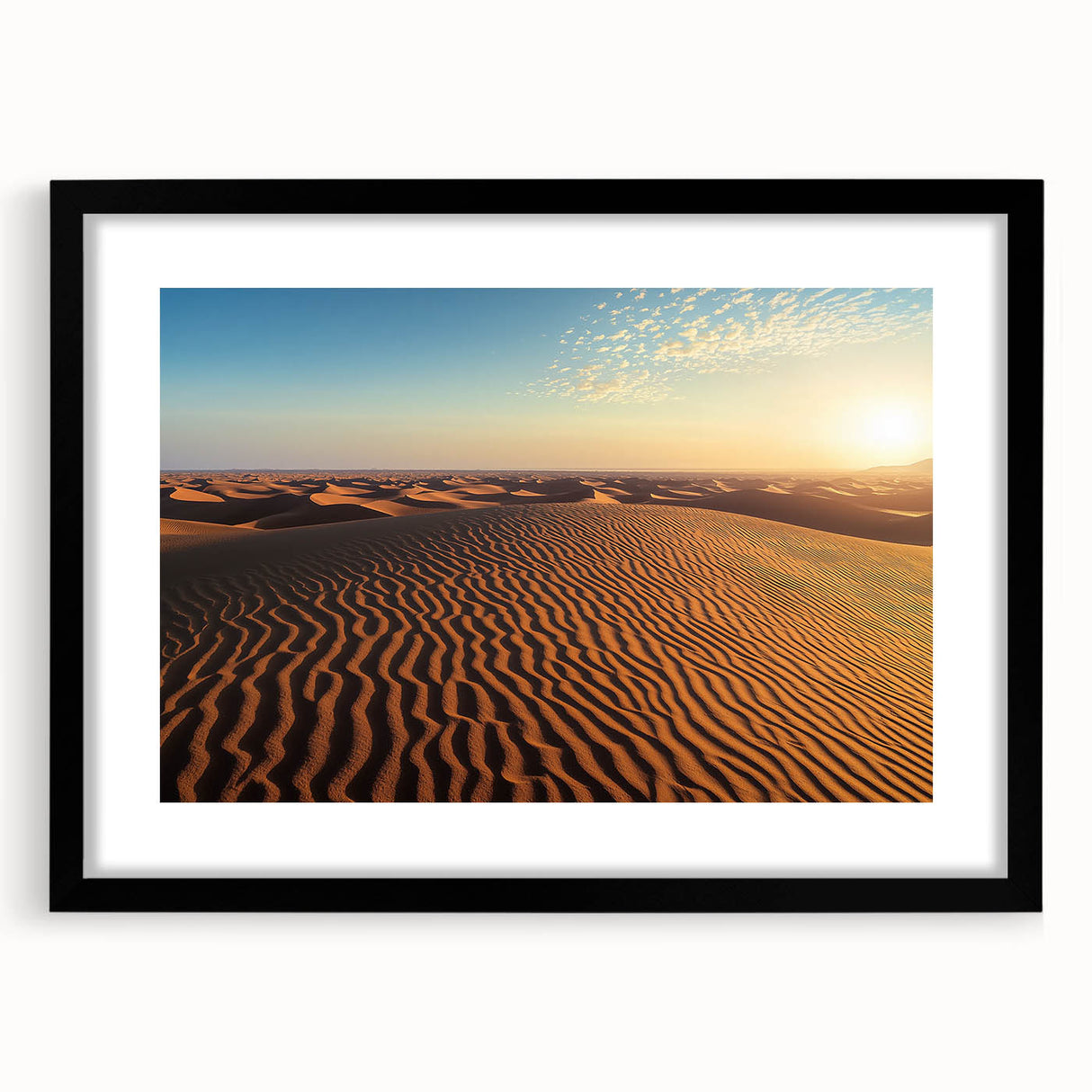 Black-framed landscape artwork showcasing serene sand dunes, elegantly matted for added depth, perfect for enhancing home decor or office ambiance.