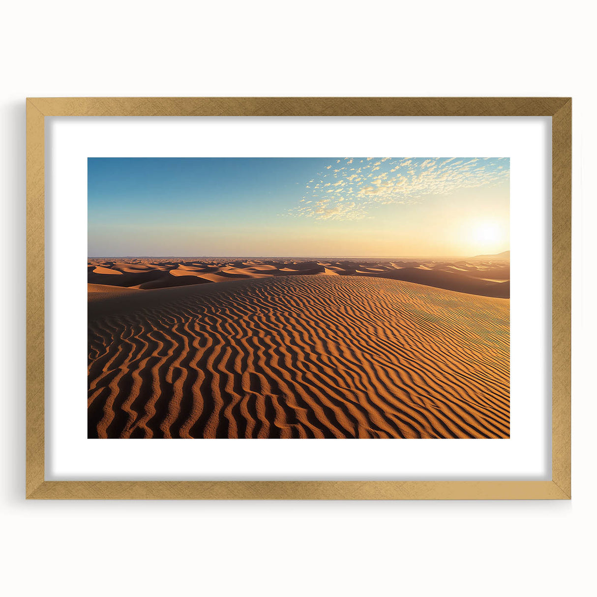 Elegant gold-framed landscape artwork depicting serene sand dunes, presented with a mat for enhanced display, ideal for home or office decor.