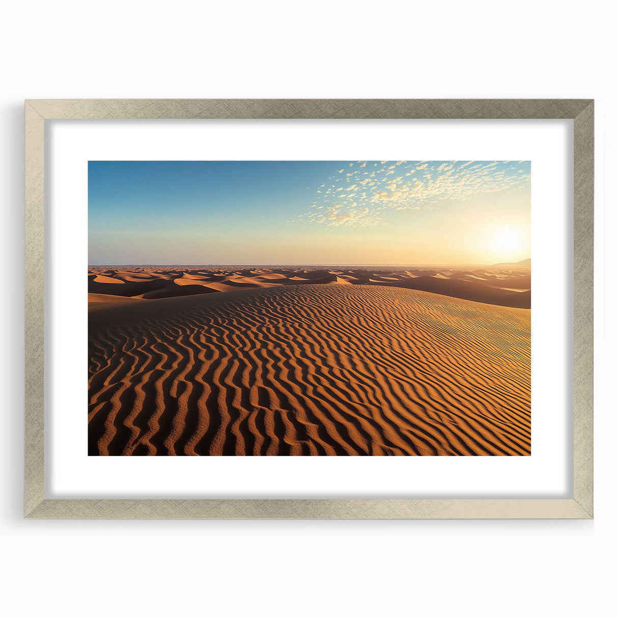 Framed landscape art print depicting serene sand dunes, featuring a silver mat and frame, ideal for modern home decor and enhancing interior aesthetics.