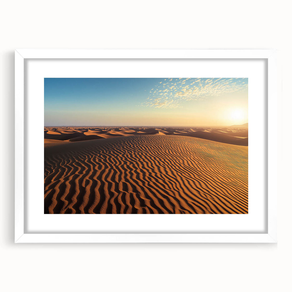 Framed landscape artwork showcasing serene sand dunes with a white mat, perfect for home decor, adding a calming and natural touch to any room.
