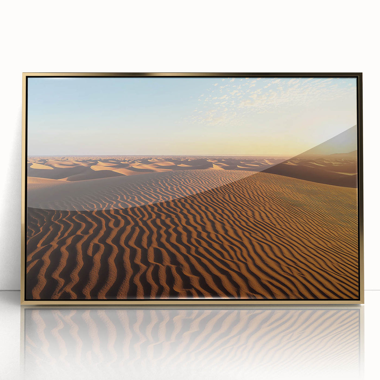 Framed acrylic artwork depicting serene sand dunes in warm golden hues, designed to enhance modern interiors with a touch of nature-inspired elegance.