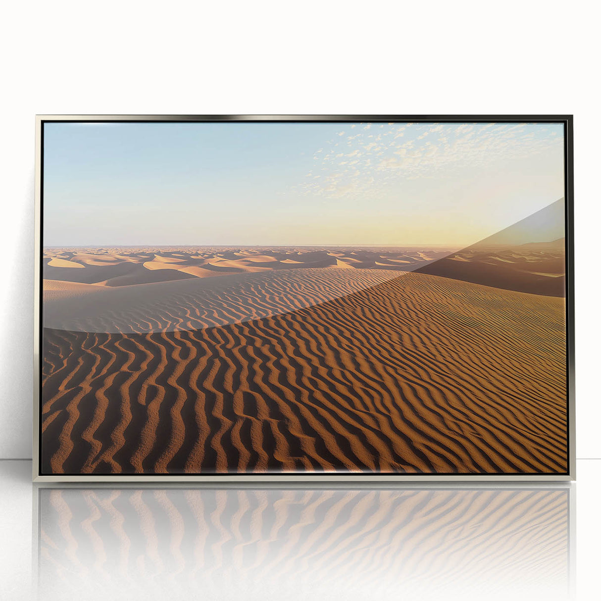 Framed acrylic artwork showcasing serene sand dunes in soft beige and gold tones, perfect for modern decor. Ideal for nature lovers and interior design enthusiasts.