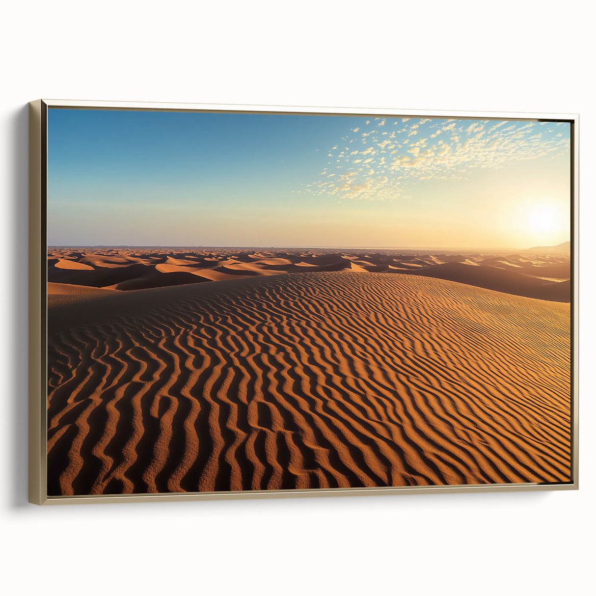 Framed canvas artwork titled "Dunes," showcasing a serene desert landscape with golden hues and gentle sand dunes, perfect for enhancing modern home decor.