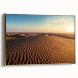 Framed canvas artwork titled "Dunes," showcasing a serene desert landscape with golden hues and gentle sand dunes, perfect for enhancing modern home decor.