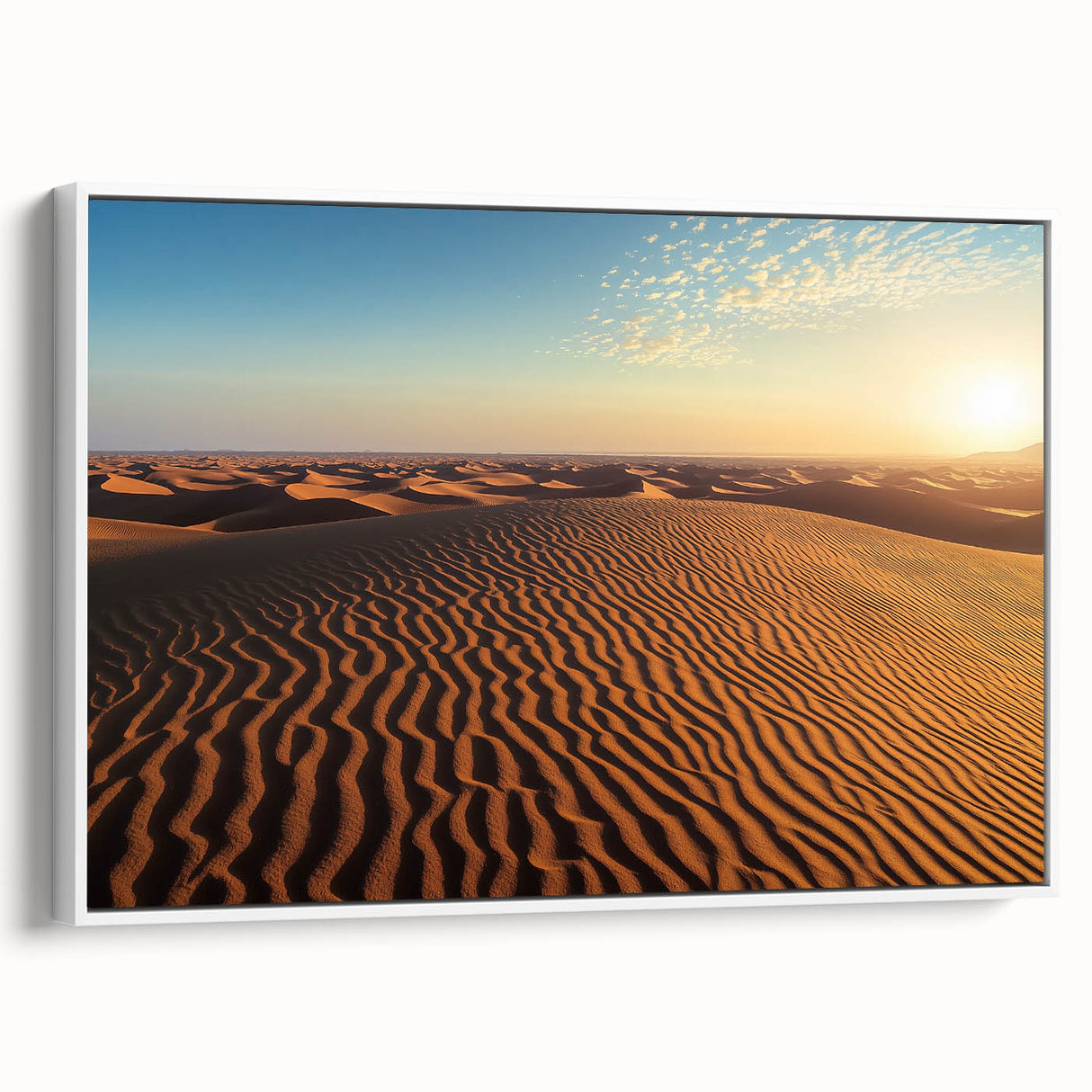 Framed canvas artwork showcasing serene sand dunes in soft beige and golden hues, displayed from a side view, perfect for enhancing modern home decor.