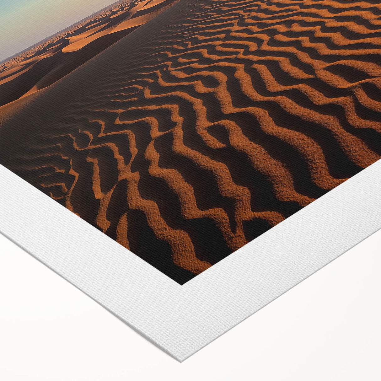 Rolled canvas showcasing a stunning desert landscape with golden sand dunes under a clear blue sky, elegantly packaged in a protective cardboard tube, ideal for home decor.