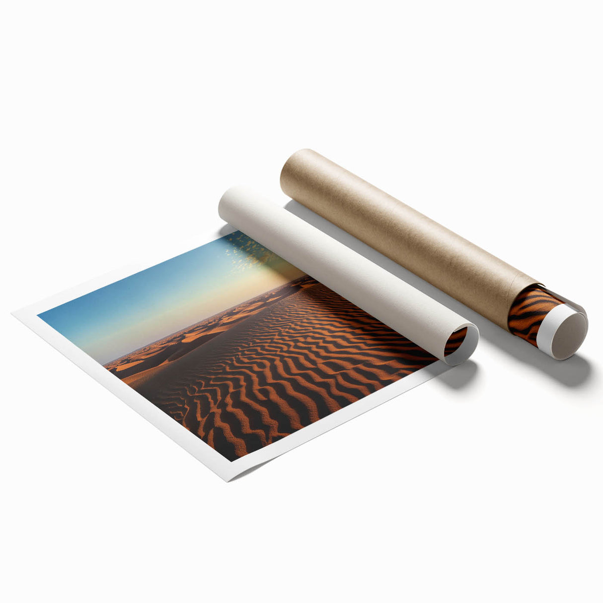Desert landscape canvas print showcasing rolling sand dunes under a vibrant sunset, elegantly rolled and packaged in a protective cardboard tube for easy display. Ideal for home decor or art lovers seeking nature-inspired aesthetics.