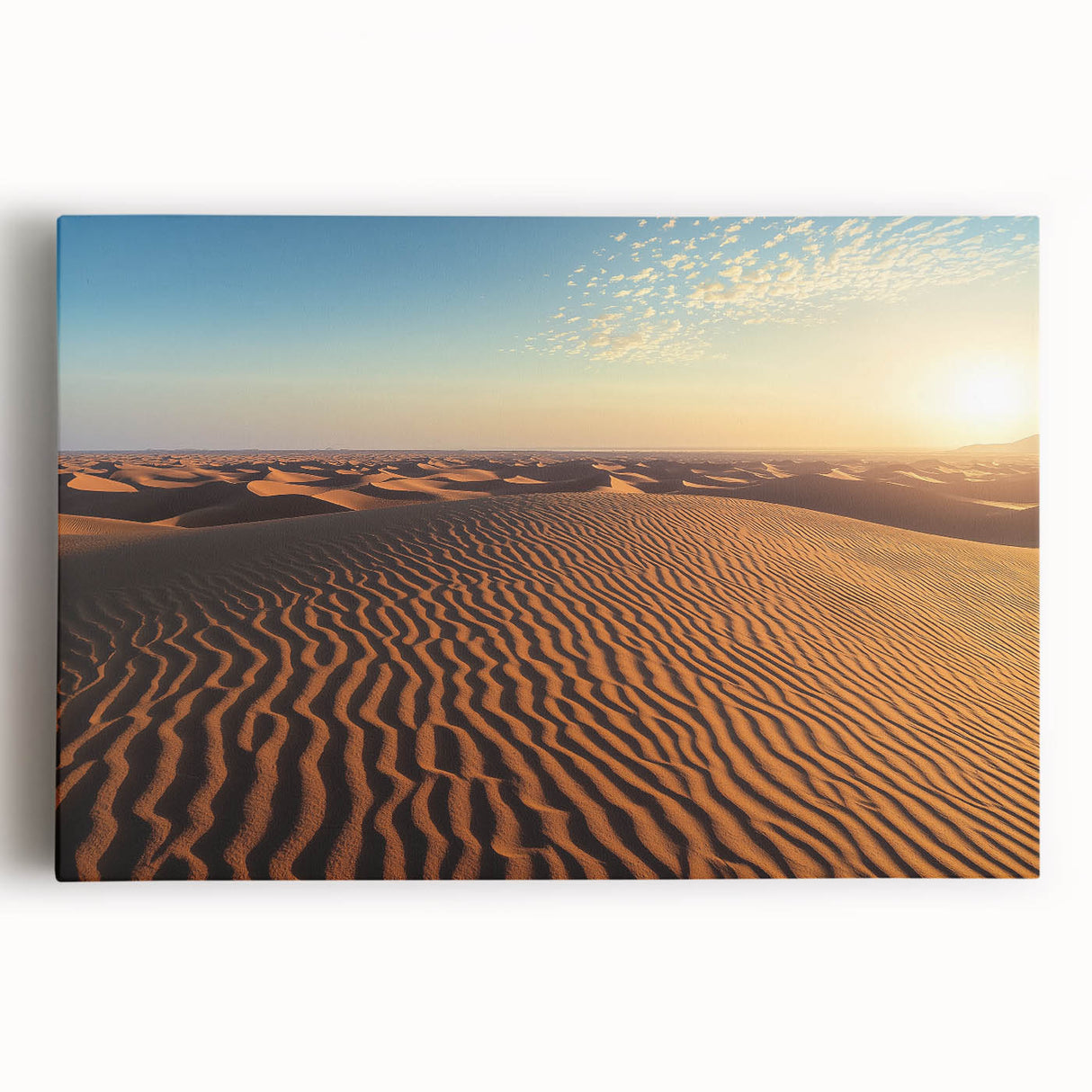 Stretched canvas artwork showcasing a serene desert landscape with golden sand dunes under a vibrant blue sky, perfect for enhancing modern home decor.