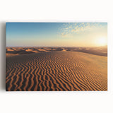 Stretched canvas artwork showcasing a serene desert landscape with golden sand dunes under a vibrant blue sky, perfect for enhancing modern home decor.