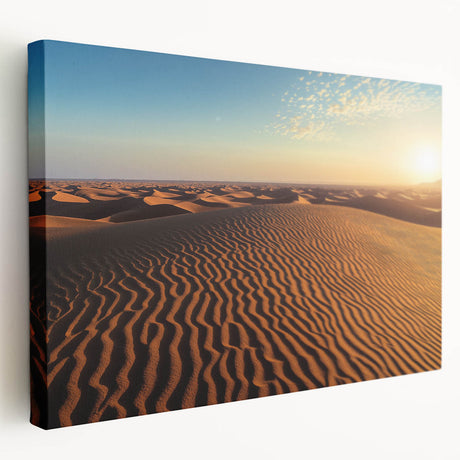 Stretched canvas artwork showcasing a serene desert landscape with golden sand dunes under a blue sky, perfect for modern home decor.