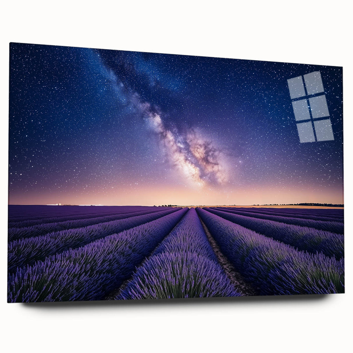Acrylic glass landscape art print showcasing vibrant green fields under a bright blue sky, viewed from the side without pins, ideal for modern home decor.