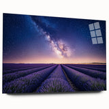 Acrylic glass landscape art print showcasing vibrant green fields under a bright blue sky, viewed from the side without pins, ideal for modern home decor.