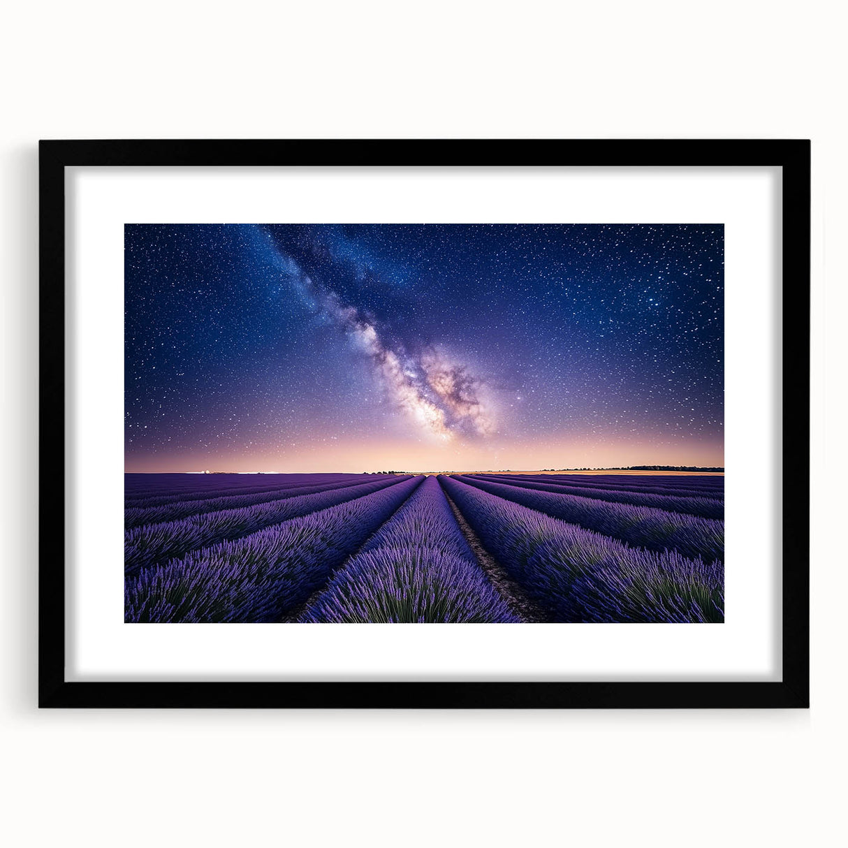 Black-framed landscape art print featuring lush green fields under a bright blue sky, elegantly matted for a polished look, perfect for home decor.