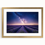 Elegant gold-framed landscape artwork featuring vibrant fields under a blue sky, enhanced with a white mat, perfect for home decor or gallery settings.