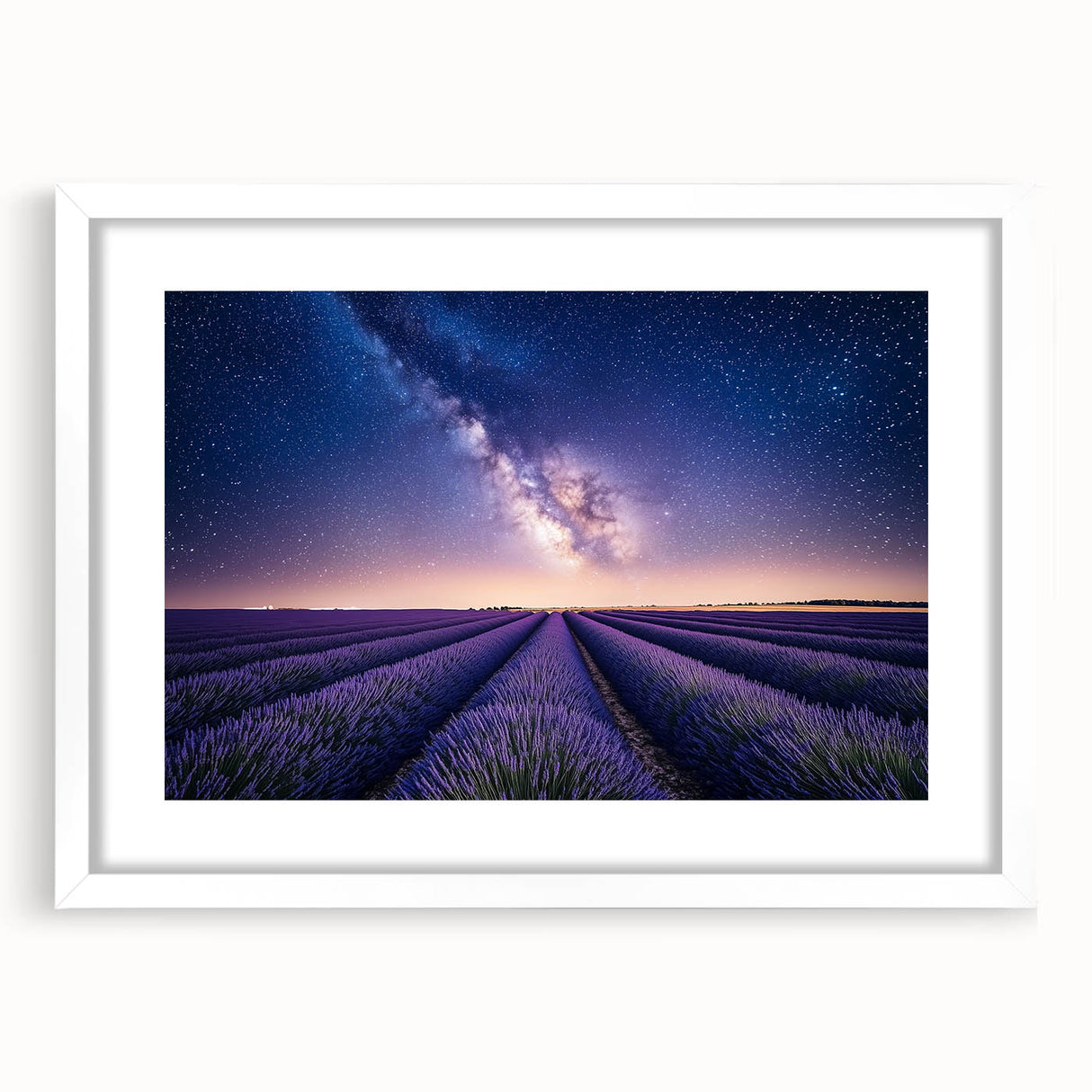 Framed landscape artwork showcasing vibrant green fields and a serene blue sky, accented by a white matting and sleek black frame, perfect for home décor.