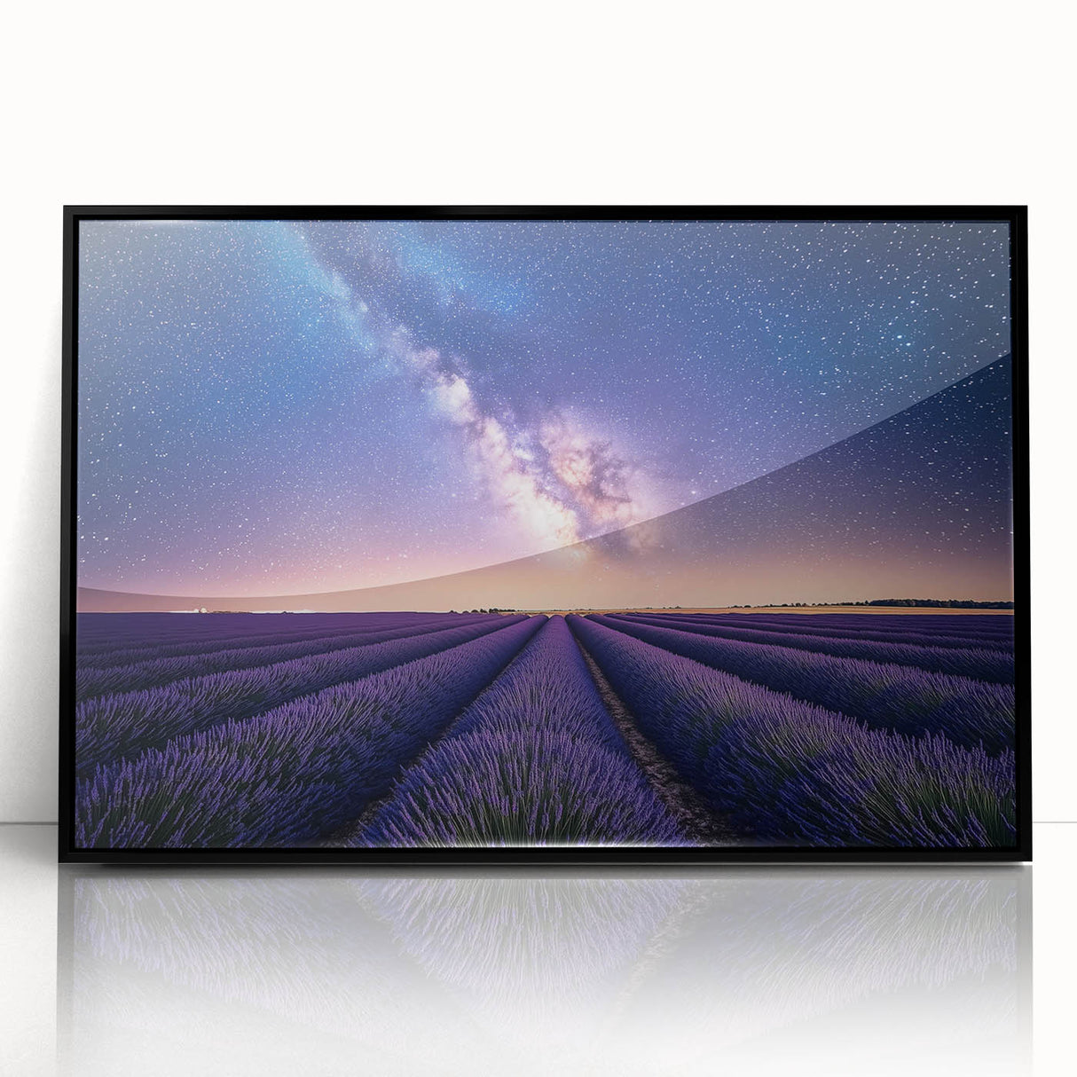 Framed acrylic landscape artwork depicting vibrant green fields under a clear blue sky, showcased in a sleek black frame, perfect for home decor and art enthusiasts.