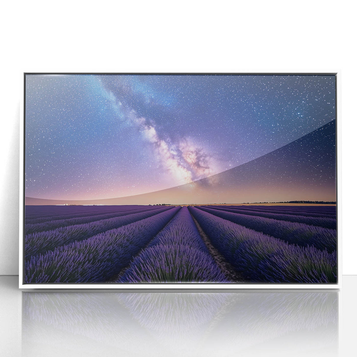 Framed acrylic artwork showcasing vibrant green landscapes and fields, set in a sleek white frame, ideal for enhancing home decor with a nature-inspired aesthetic.
