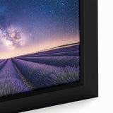 Close-up of a framed canvas artwork showcasing a serene landscape with vibrant green fields and a blue sky, ideal for home decor and nature lovers.