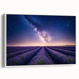 Framed canvas artwork showcasing a serene landscape with vibrant fields and subtle colors, presented in a sleek white frame, perfect for home decor enhancement.