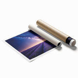 Vibrant rolled canvas print showcasing a serene landscape of lush green fields under a clear blue sky, elegantly packaged in a protective cardboard tube for shipping.