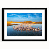 Extra large, textured abstract art print of a colorful African scenery on a black framed canvas, ideal for living room decor.