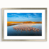 Abstract art print of African scenery in muted earth tones on a framed canvas, suitable for dining room decor.