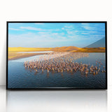Large abstract wall art depicting a Namibian landscape in muted earth tones, framed in black acrylic.