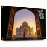 Large abstract wall art featuring a serene Indian landscape in muted earth tones, acrylic glass format.