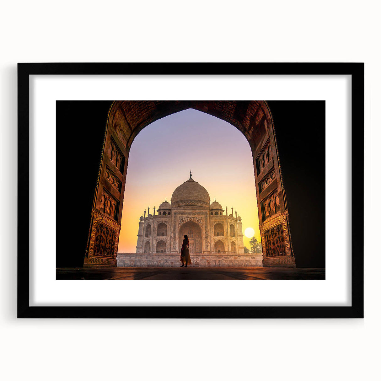 Extra large abstract art print featuring colorful, textured scenery of India on a black framed canvas.