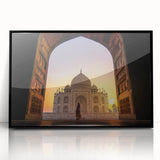 Large abstract wall art of Asian scenery in muted earth tones, framed in black acrylic.