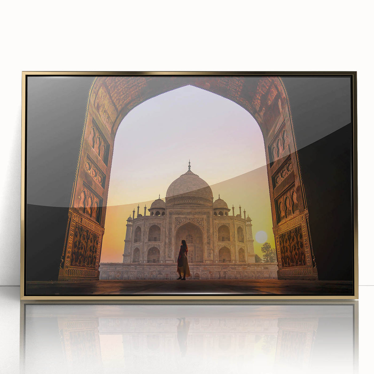 Large art print of a serene Indian landscape in muted gold tones on framed acrylic, suitable for modern art wall decor.
