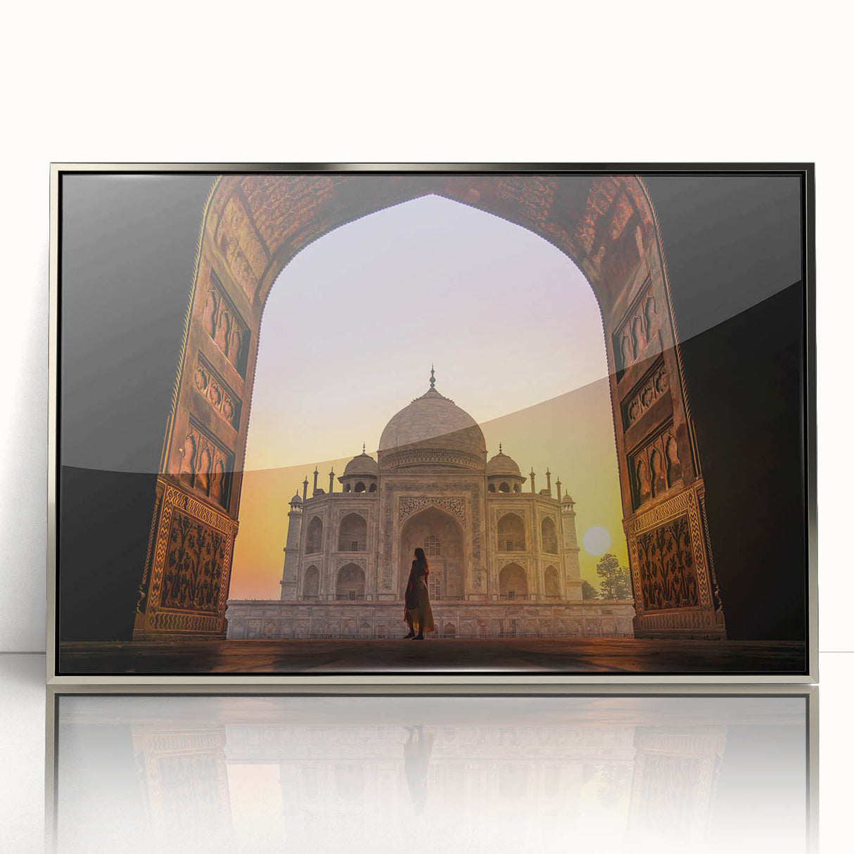 Mid-century modernist art depicting a serene Indian landscape in soft earth tones on a framed acrylic panel.