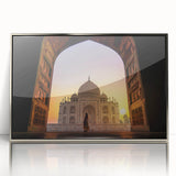 Mid-century modernist art depicting a serene Indian landscape in soft earth tones on a framed acrylic panel.