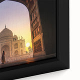 Extra large framed canvas featuring a textured depiction of a vibrant Indian scenery in black with colorful accents.